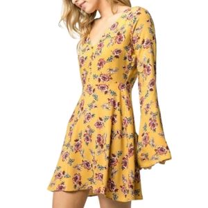 SKY & SPARROW Mustard Yellow Floral Print Bell Sleeve Button Fit & Flare Dress